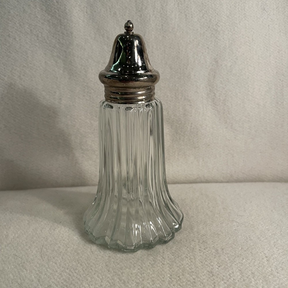 Vtg Fluted Crystal Salt Or Pepper Shaker- Ribbed Cut Glass W/ Silver Lid