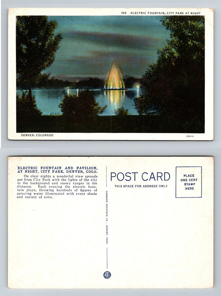 Denver, CO-Colorado, Electric Fountain City Park at Night Scene Vintage Postcard