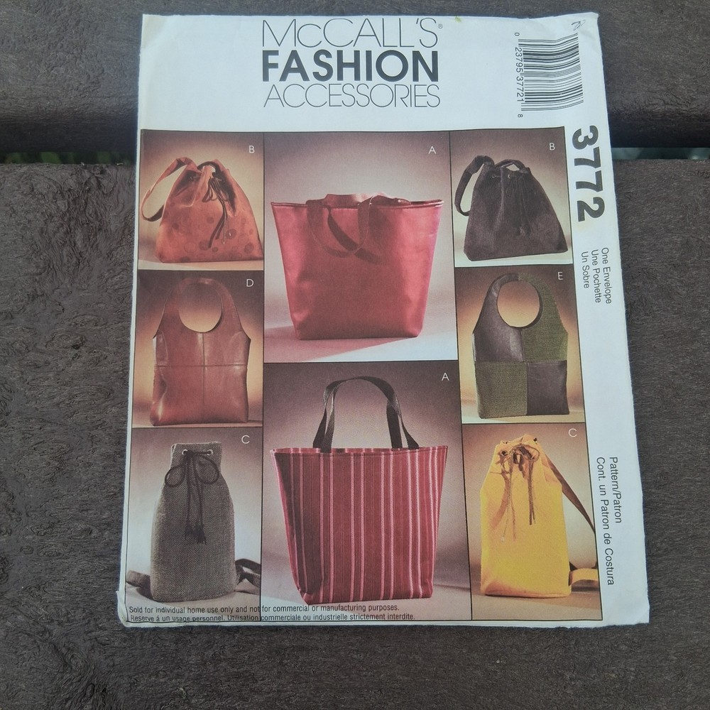 Vintage McCalls 3772 Lined Bags Tote Purse Sewing Pattern Uncut FF