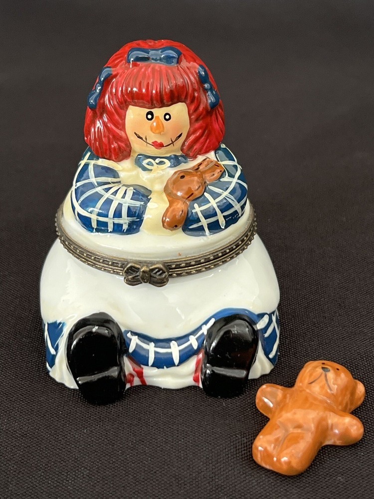 Vintage Raggedy Ann Trinket Box with Ceramic Bear