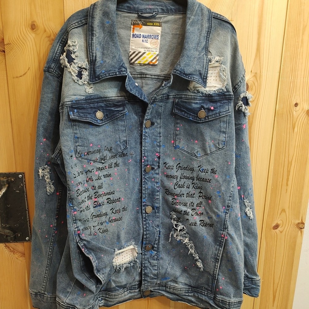 Acid Washed Distressed Embellished Denim Jacket sz XXL Grunge Streetwear Y2K-image