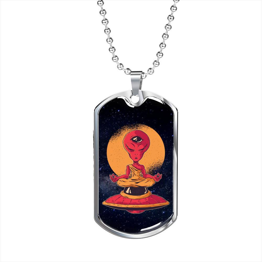 Alien UFO Fan Alien Meditation Necklace Stainless Steel or 18k Gold Dog Tag 24