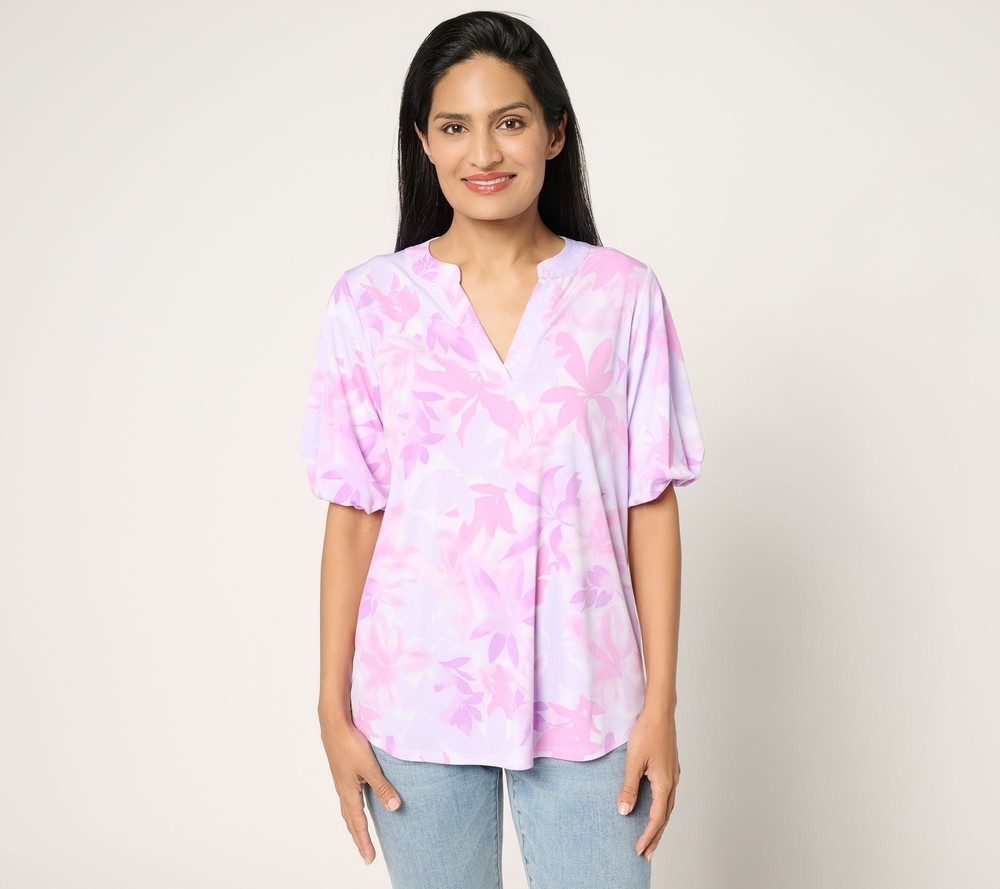 Susan Graver Women's Top Sz S Printed Liquid Knit Split Multi-colored A692160