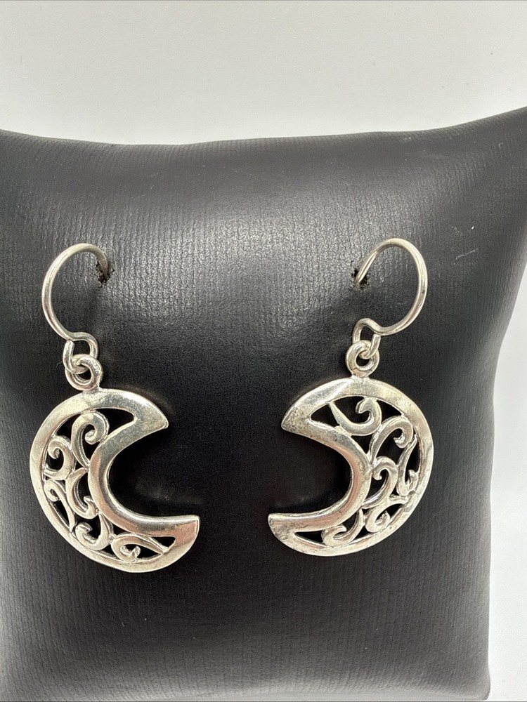 Vtg 925 Sterling Silver Cut Out Design Dangle Drop Earrings. 4.3 Grams.
