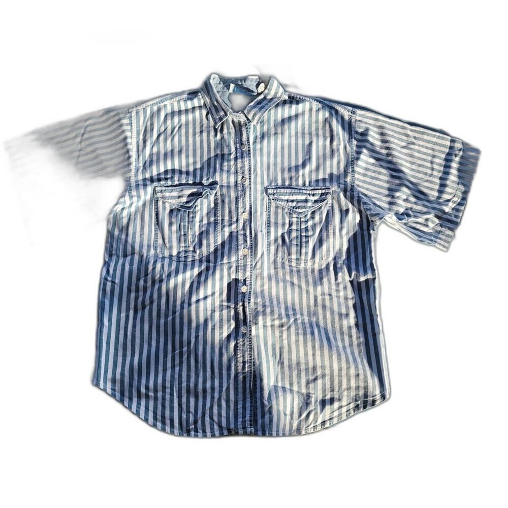 Men:'s Stripped Button Down Hickory with chest pockets- Size  Large