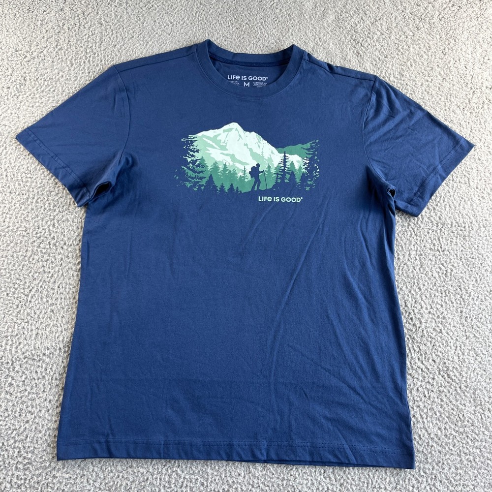 NEW Life Is Good T Shirt Mens Medium Blue Graphic Tee Outdoor Nature Hike Casual