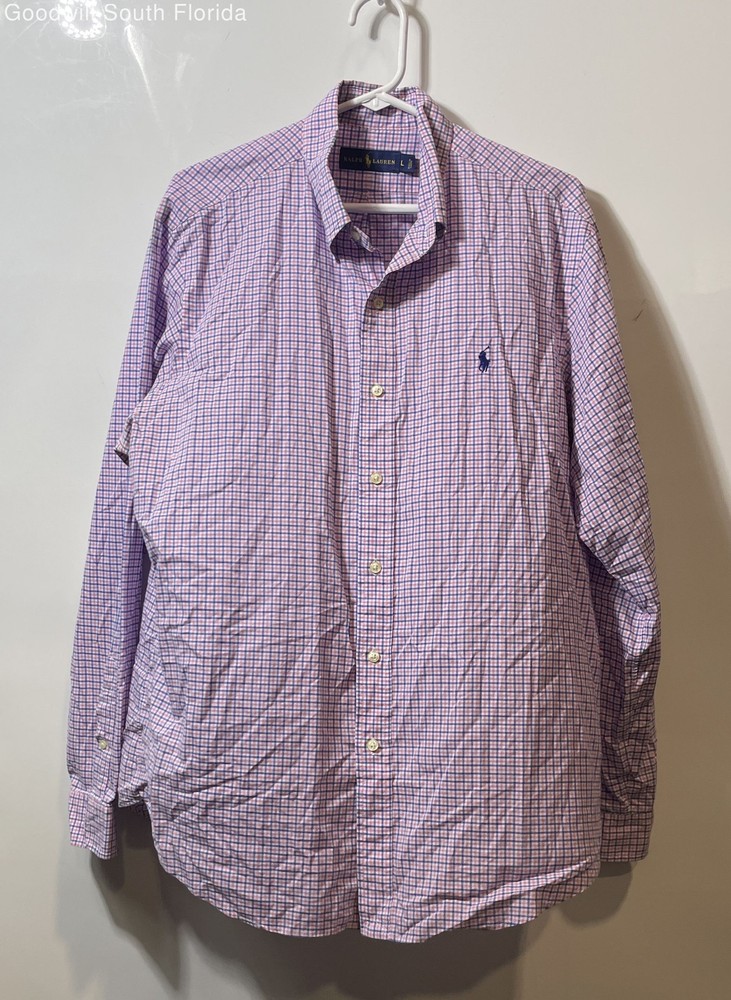 Ralph Lauren Mens Pink Plaid Cotton Collared Long Sleeve Button-Up Shirt Size L