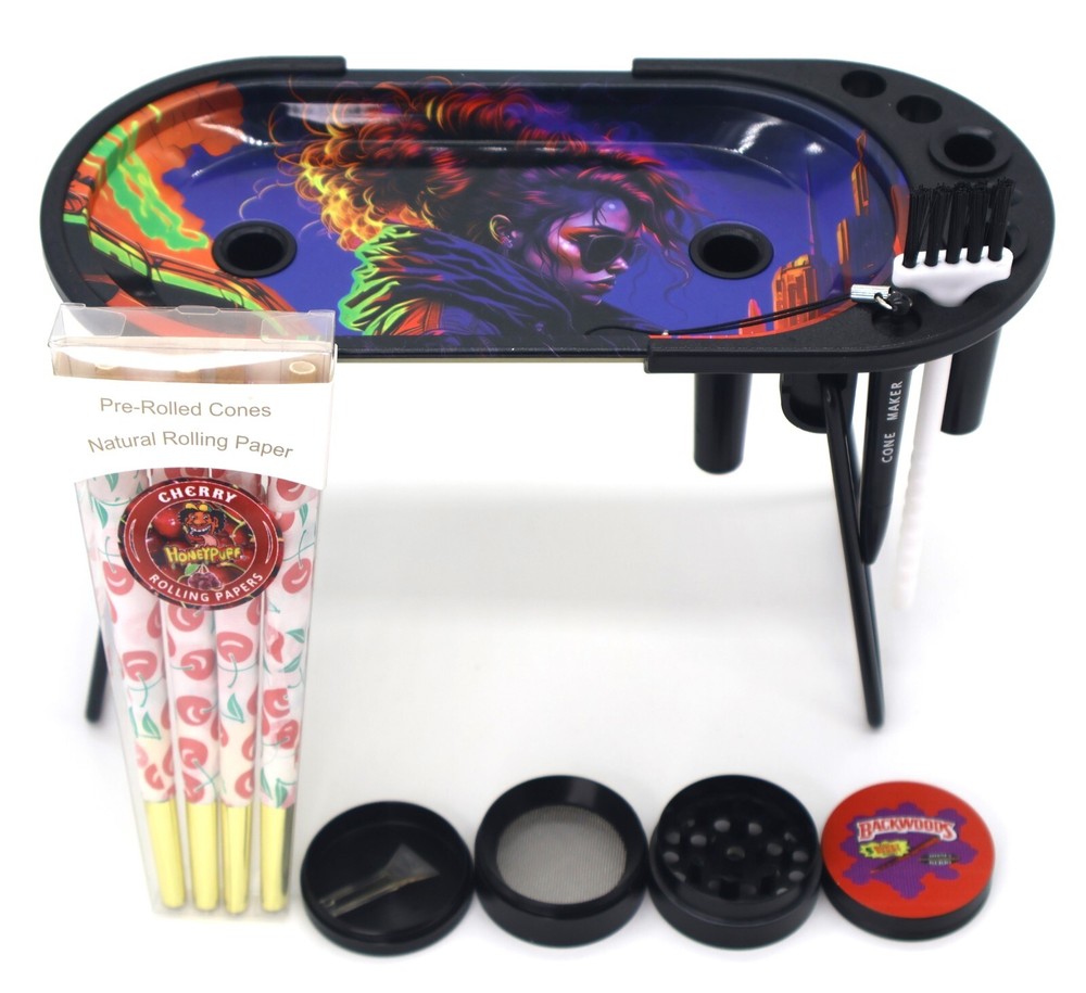Modern No Mess Rolling Tray Kit with 8 Cones Grinder and Full Cigarette Accessories