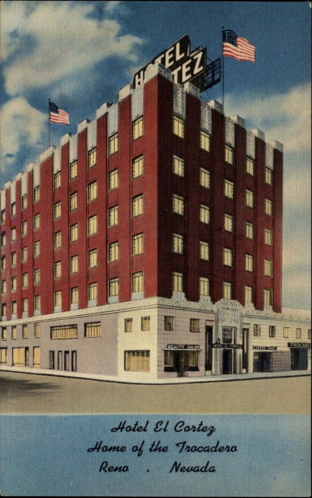 Hotel El Cortez Reno Nevada flag ~ 1940s linen postcard