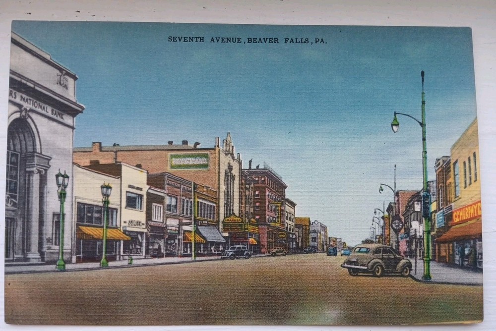 Seventh Avenue Beaver Falls, PA Street View Vintage Linen Postcard Cars 1930s
