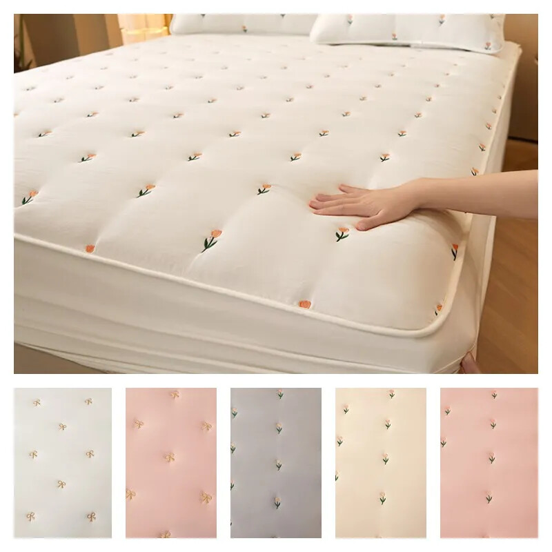 Thick Quilted Embroidered Cotton Mattress Cover Pad Bed Sheet Protector