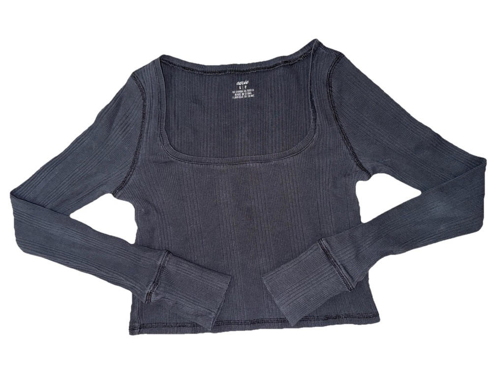Aerie Women’s Ribbed Knit Cropped Long Sleeve Square Neck Black Top - Size Small