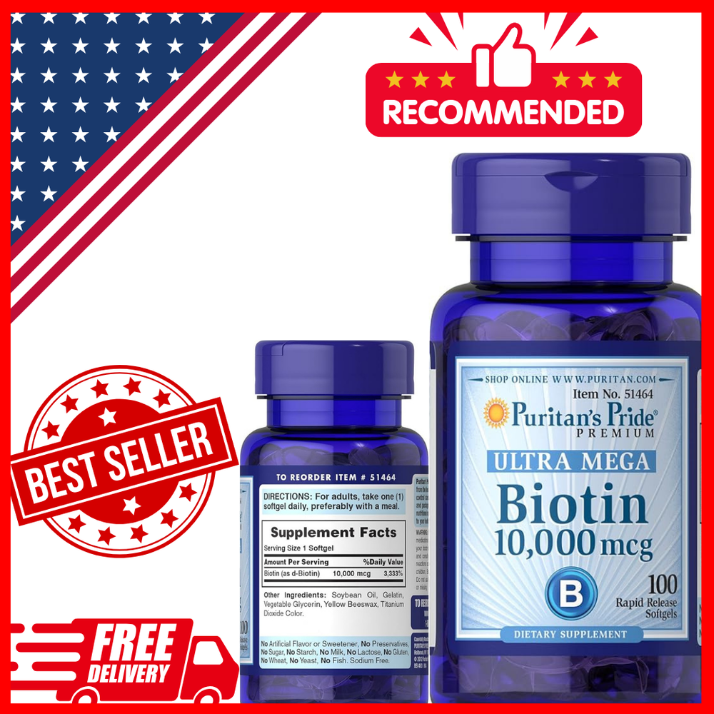 Puritan's Pride Premium Ultra Mega Biotin 10,000mcg, Dietary Supplement for Heal