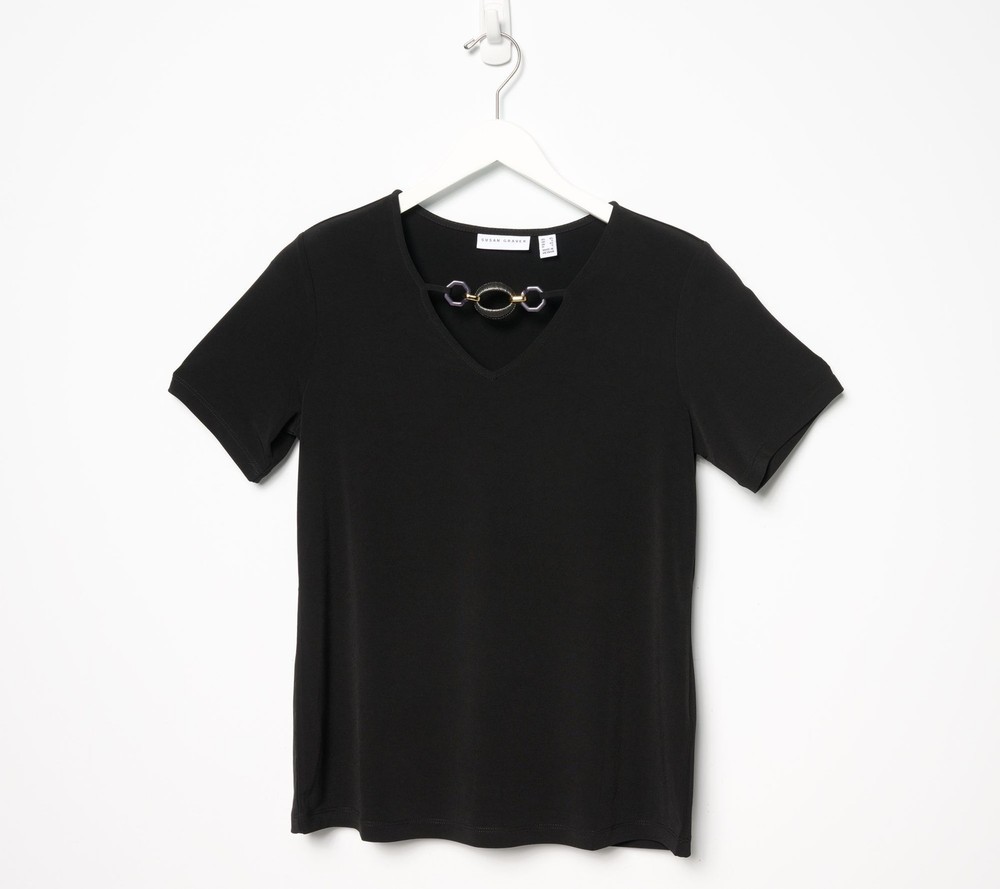 Susan Graver Women's Top Plus Sz 2X Liquid Knit Short Sleeve V-Neck Black