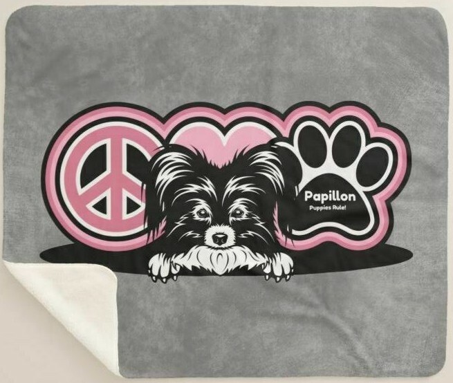 Papillon Dog Breed Puppies Rule Peace & Love Sherpa Fleece Throw Blanket