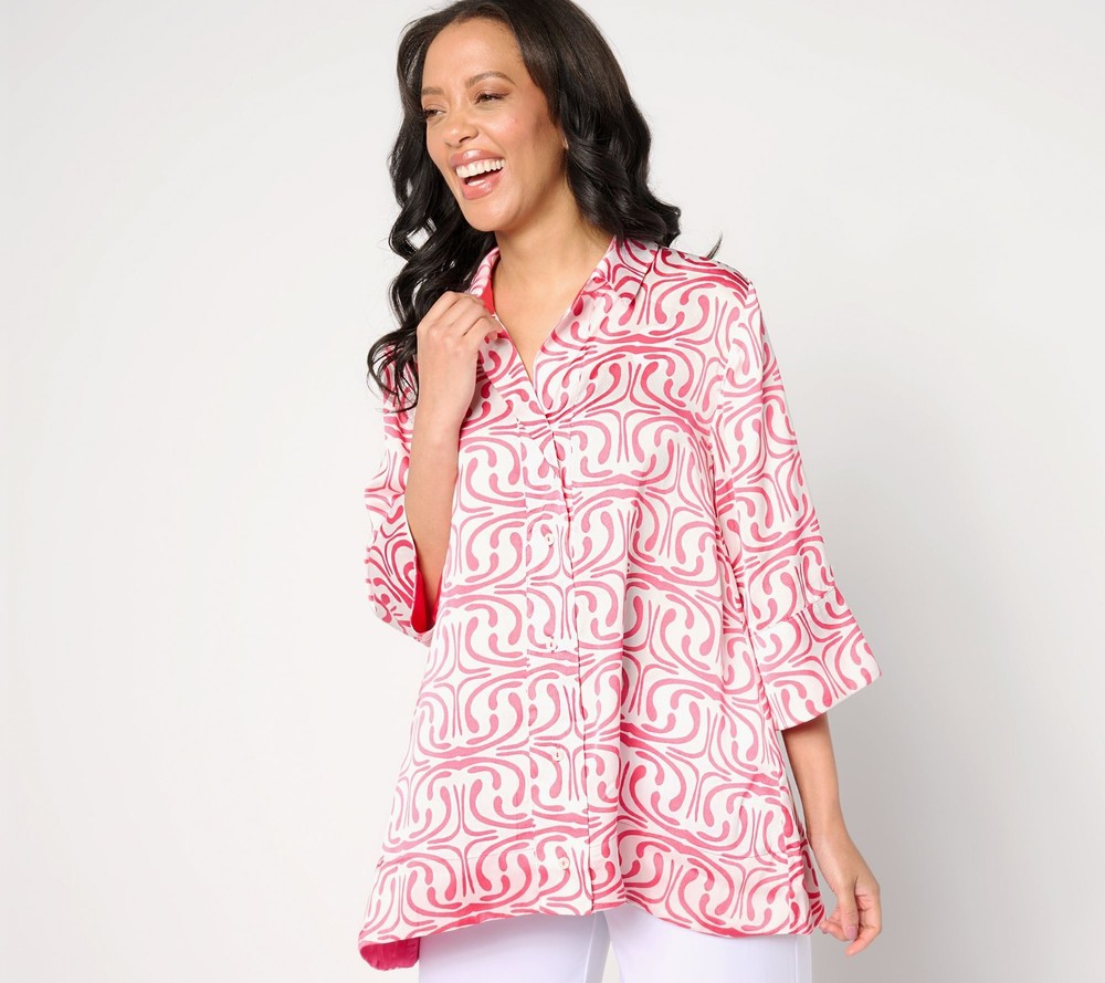 Dennis Basso Women's Top Sz XS Printed Button-Front Tunic with Red A644442