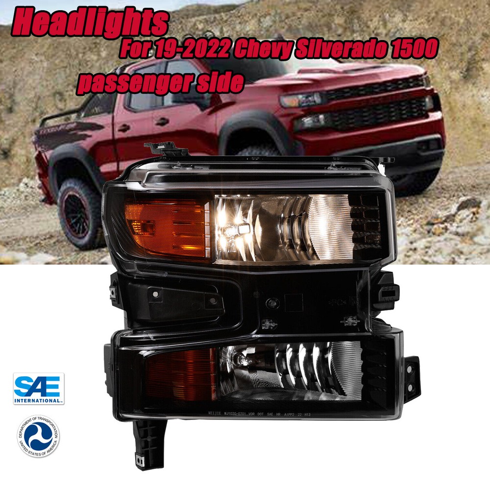 Passenge Side Headlights For 19-22 Chevy Silverado 1500 Black Housing Clear Lens