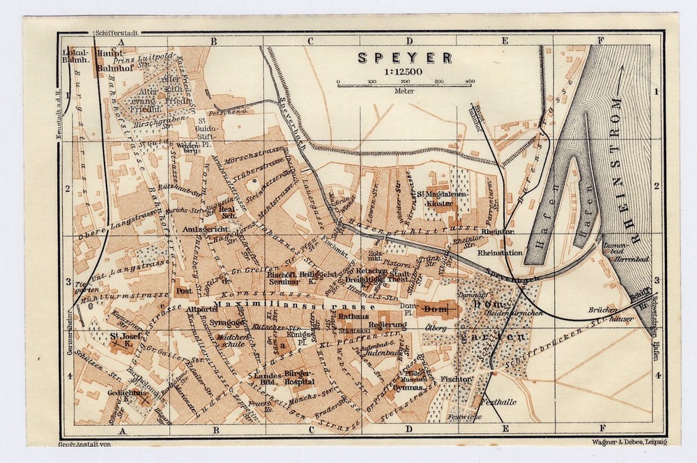 1925 ORIGINAL VINTAGE MAP OF SPEYER / RHINELAND-PALATINATE / GERMANY