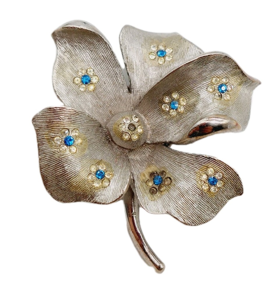 Vintage BSK Flower Pin Brooch Silver Tone Blue & White Rhinestones 1.5