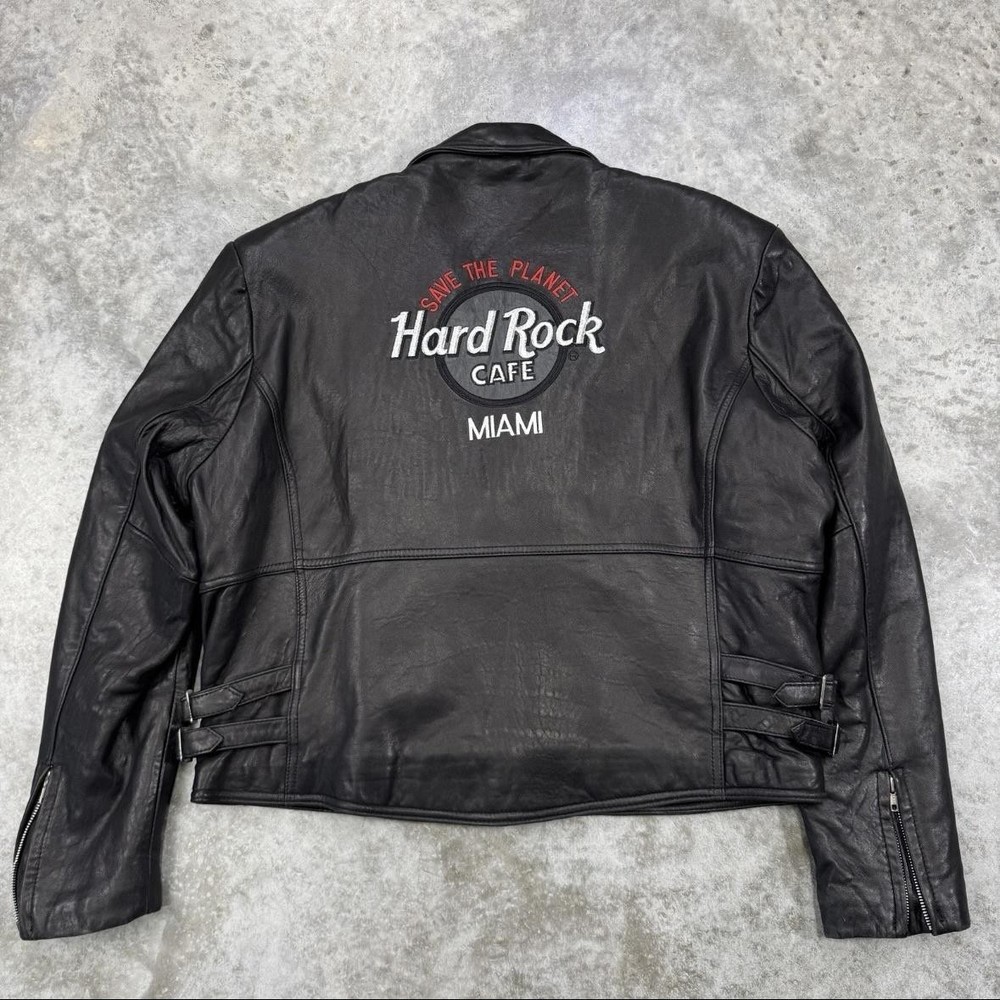 Vintage Hard Rock Cafe Jacket Mens XL Black Leather Biker Miami Save Planet 90s