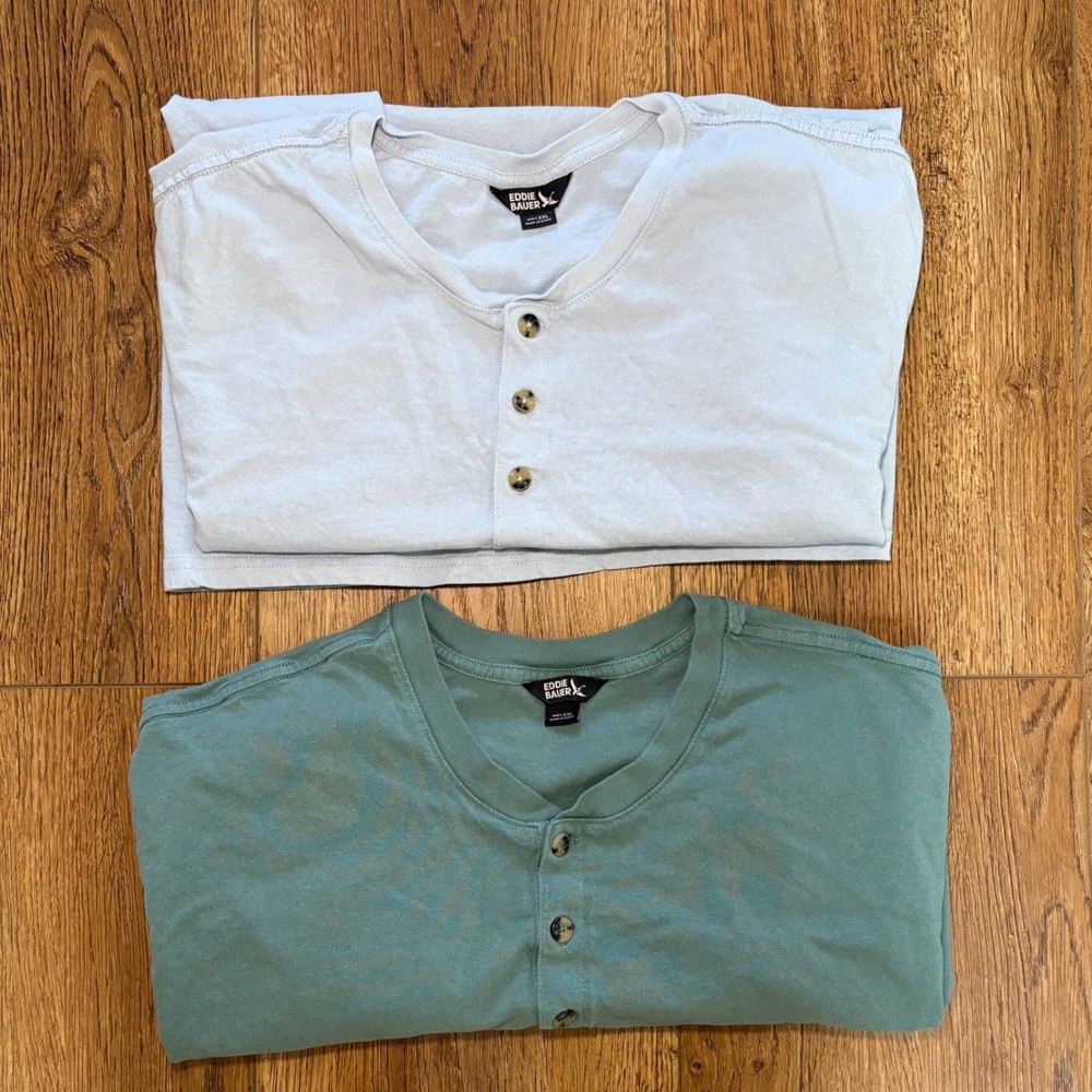Eddie Bauer Mens XXL Henley Shirt Lot Set of 2 Blue Green Short Sleeve  Cotton