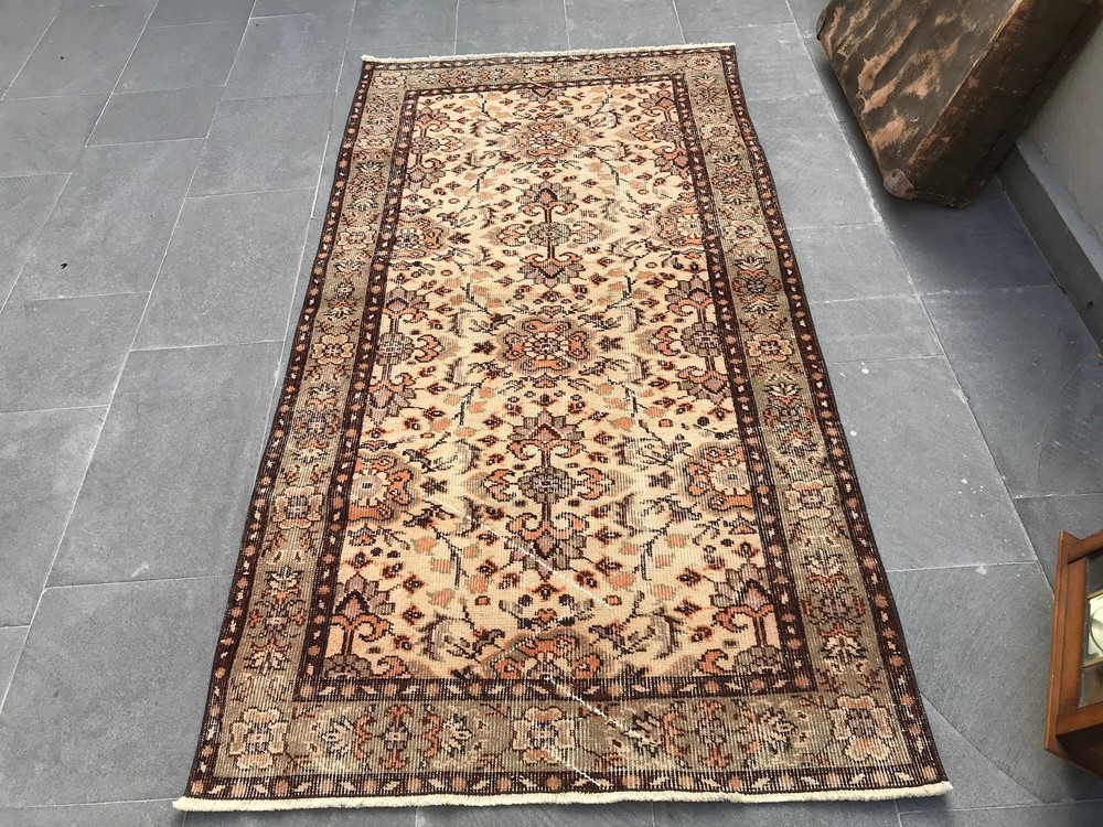 Vintage Rug, 3,2x6,1 ft Turkish Rug, Brown Beige Floral Wool Rug