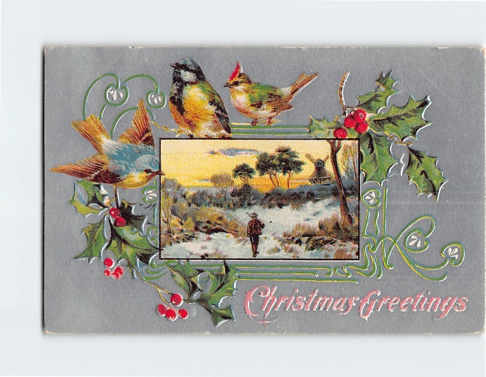 Postcard Embossed Rural Scene Art Print Christmas Holiday Greeting Card