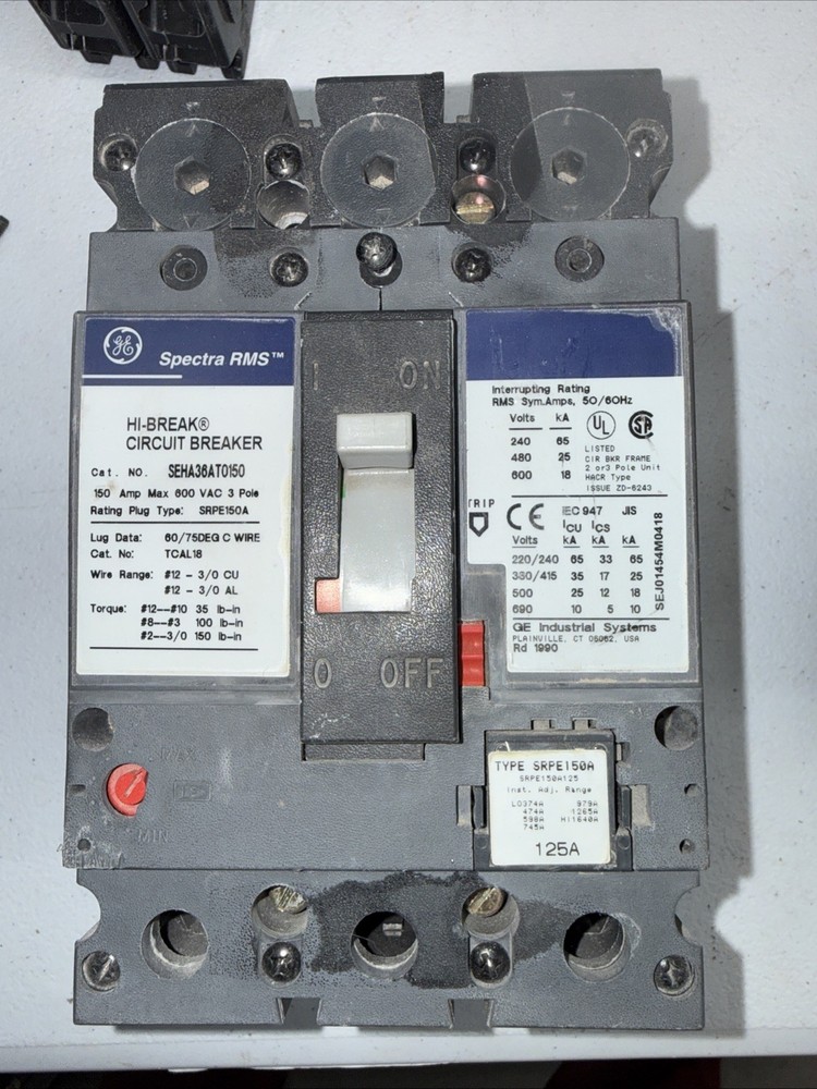 GE Spectra RMS SEHA36AT0150 150A 3P Circuit Breaker 600VAC Hi-Break 125amp