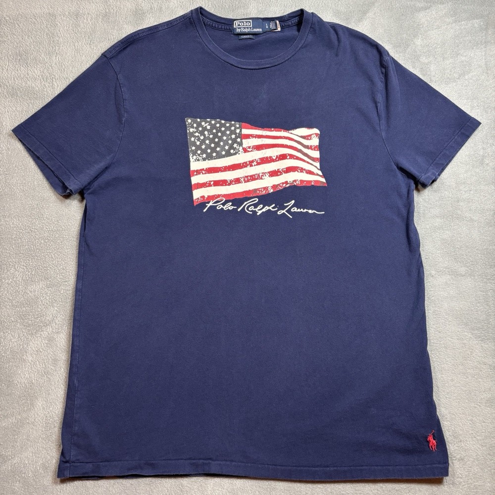 Polo Ralph Lauren Blue American Flag Graphic Print Men's Size L Classic Fit Tee