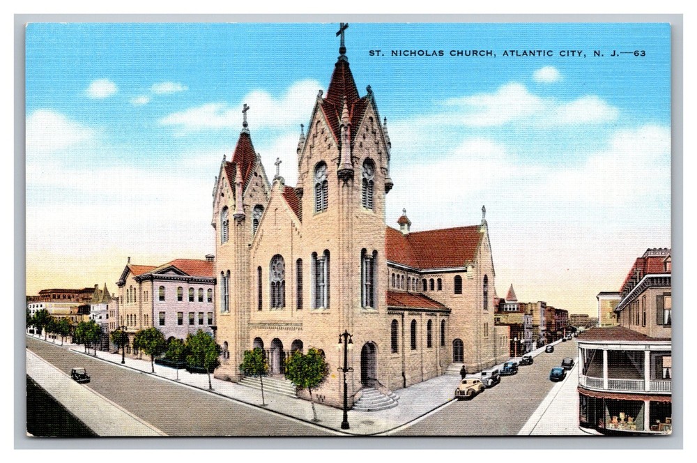 Atlantic City New Jersey NJ St. Nicholas Church Bird's-Eye View Linen Postcard