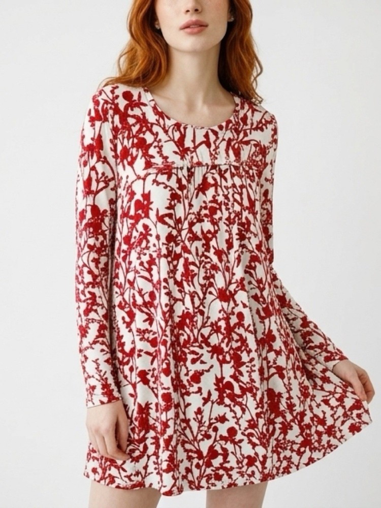 LOGO by Lori Goldstein White Red Floral Long Sleeve Round Neck Tunic Blouse L