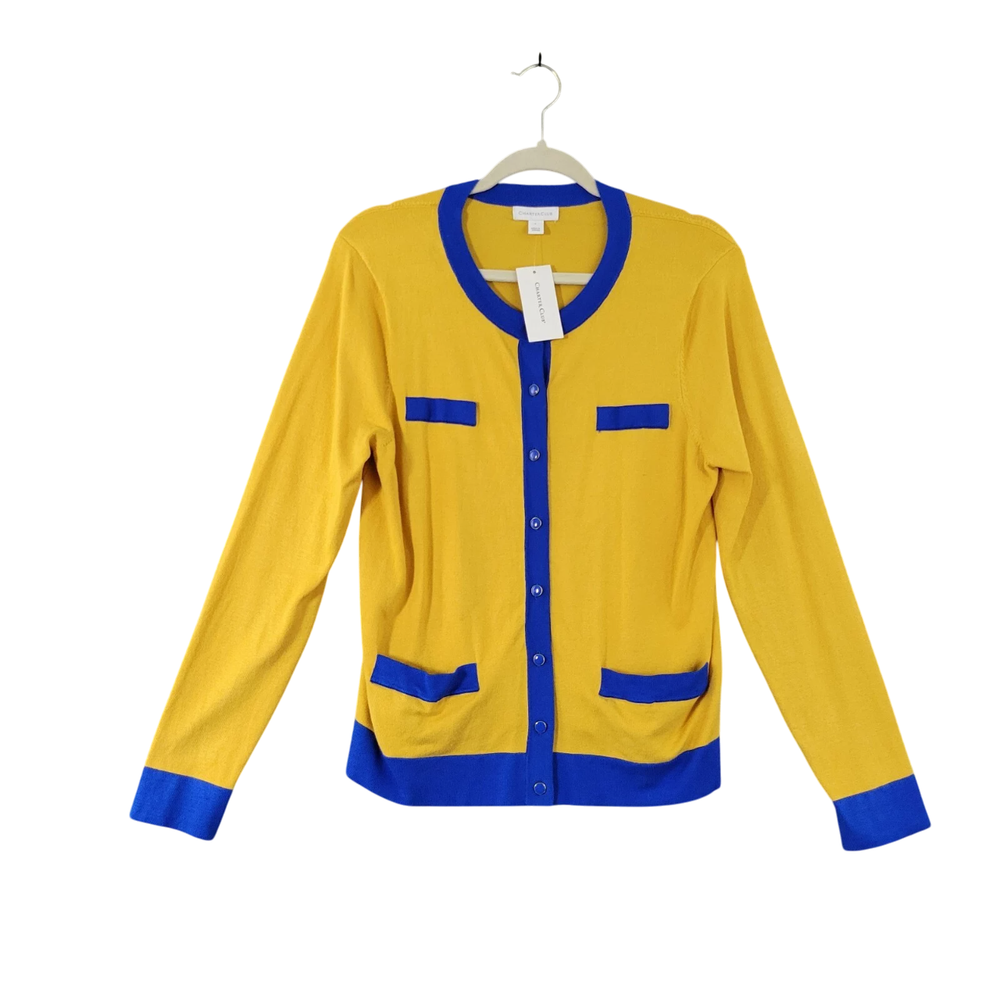 NWT Charter Club Yellow Blue Letterman-Style Preppy Academia Cardigan SIZE LARGE