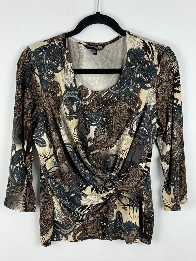 Conrad C Womens Brown Beige Paisley 3/4 Sleeve Blouse Size L Stretch Round Neck Top