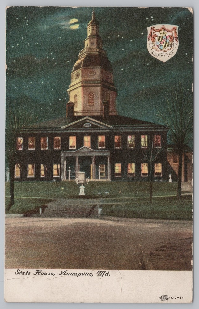 State View~State House Annapolis Maryland At Night~Vintage Postcard