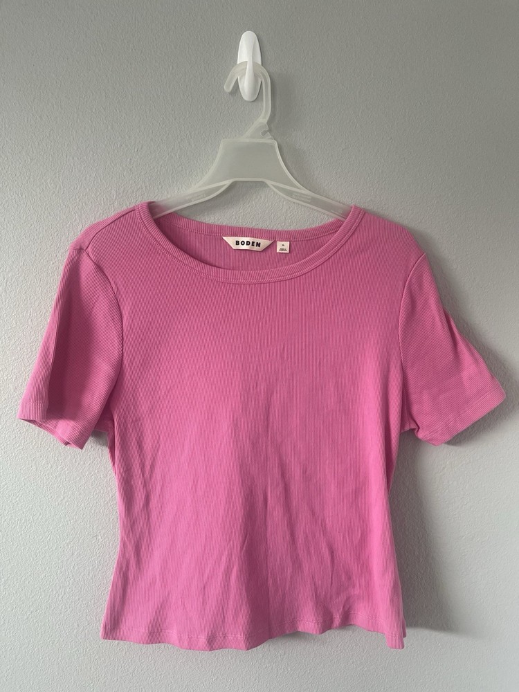 Boden Ribbed Basic T-Shirt Tee Pink Short Sleeve Crew Neck Women's Top L Basic