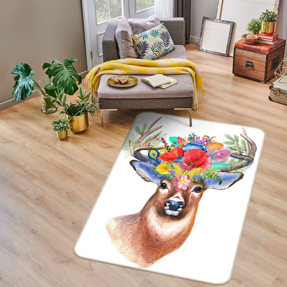 3D Petals Antlers Deer Non-Slip Rug Mat Elegant Photo Carpet for Home Decor