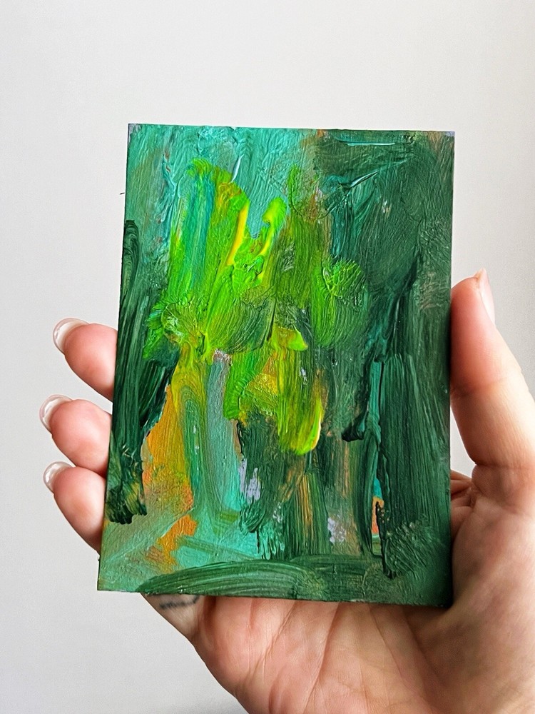 Abstract Green Art Small Acrylic Painting Outsider Art Original Book shelf Decor