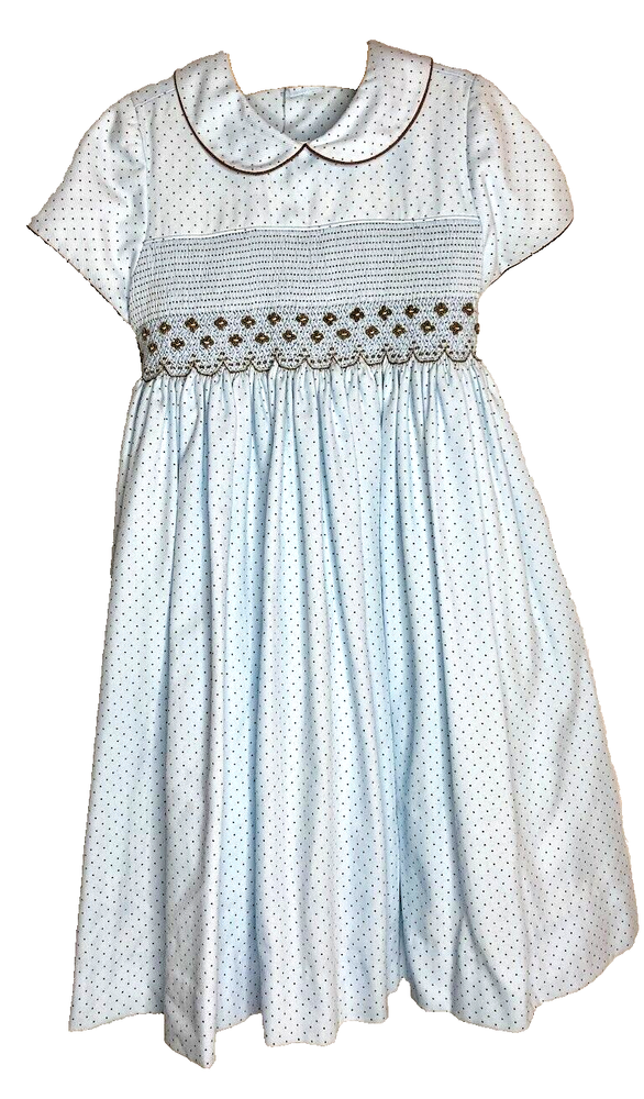 LULi & Me Smocked Dress Baby Blue polka dots Peter Pan Collar lined Girls SZ 4-6
