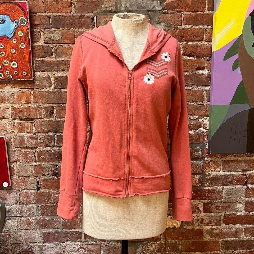 Dusty Pink zip up hoodie Embroidered Flowers Raw Hem 2000s - Small/Medium