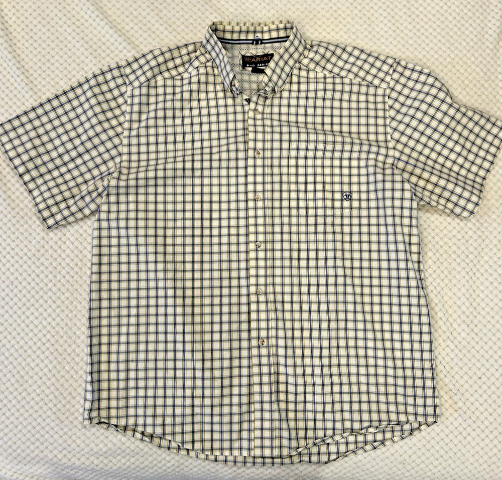 Ariat Pro Series Shirt Men XL Yellow/Blue Plaid Western Short Sleeve Button Up