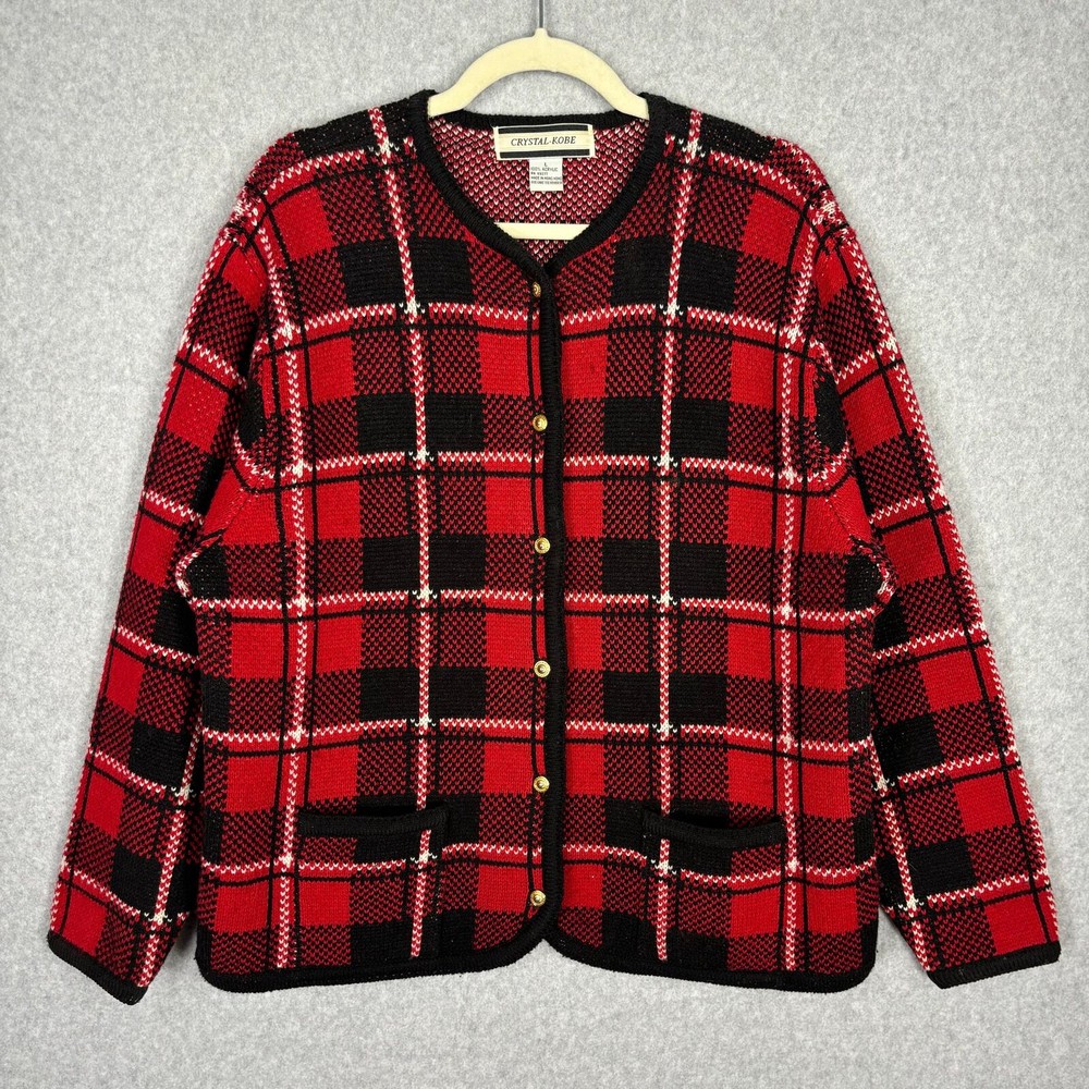 Vintage Tartan Plaid Cardigan Sweater Large Gold Buttons Old Money Retro Glam