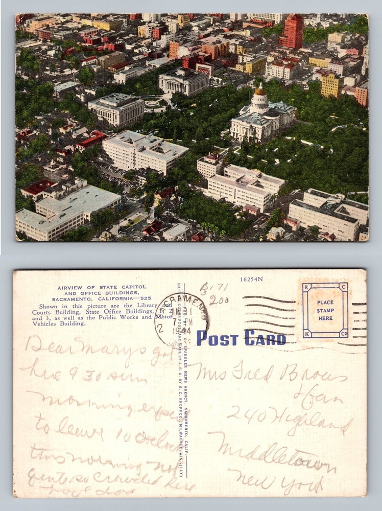 Sacramento, California, Capitol Complex Aerial View Post Vintage c1944 Postcard