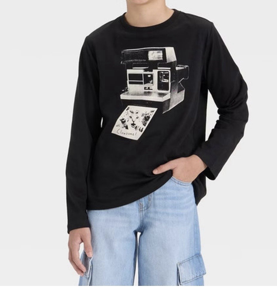 Cat & Jack Girls Black Long Sleeve Cat Graphic Crew Neck T-Shirt XS (4/5)
