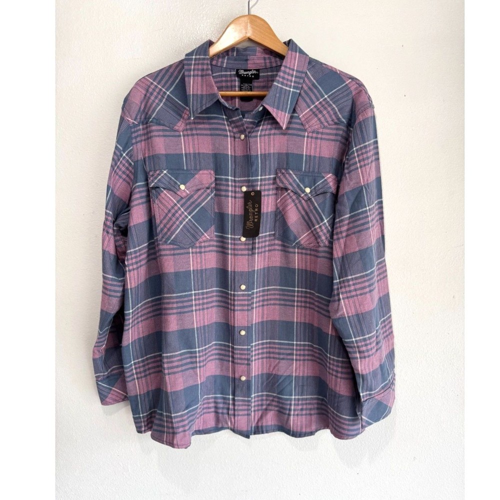 Wrangler retro button up flannel 100% cotton pearl snap western women XXL New