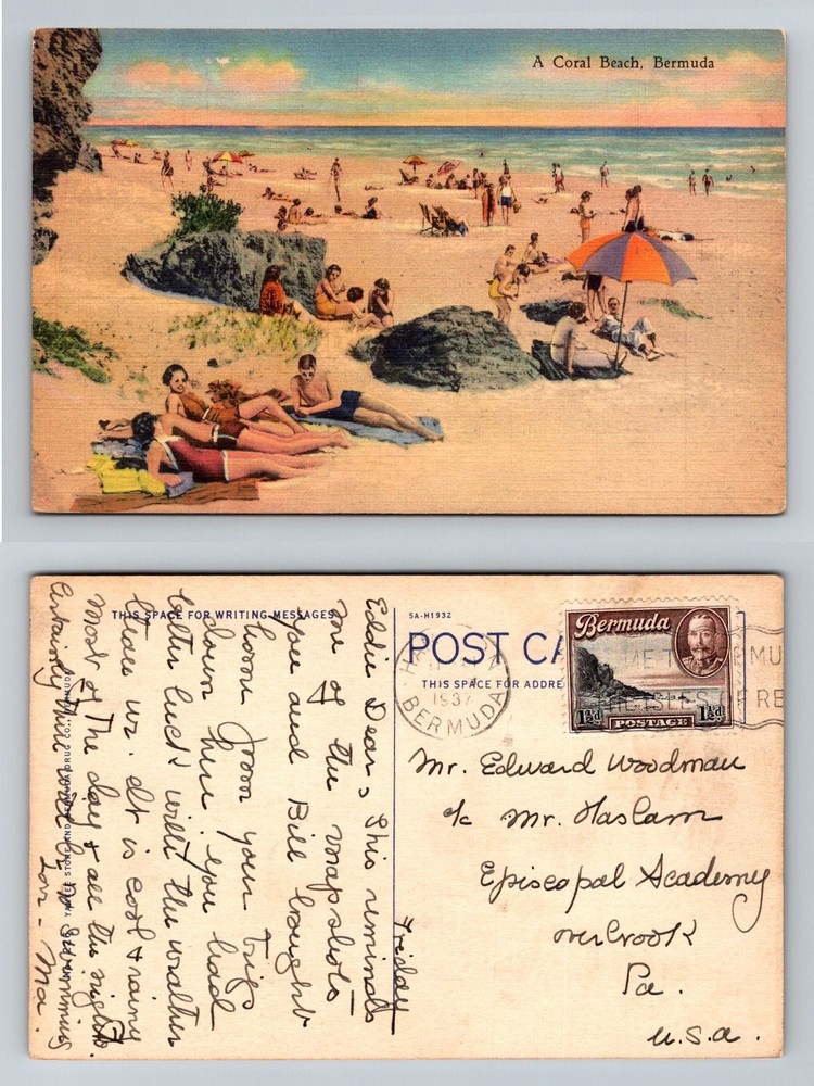 Bermuda-Islands, Coral Beach Bathers Umbrellas Shoreline Vintage c1937 Postcard