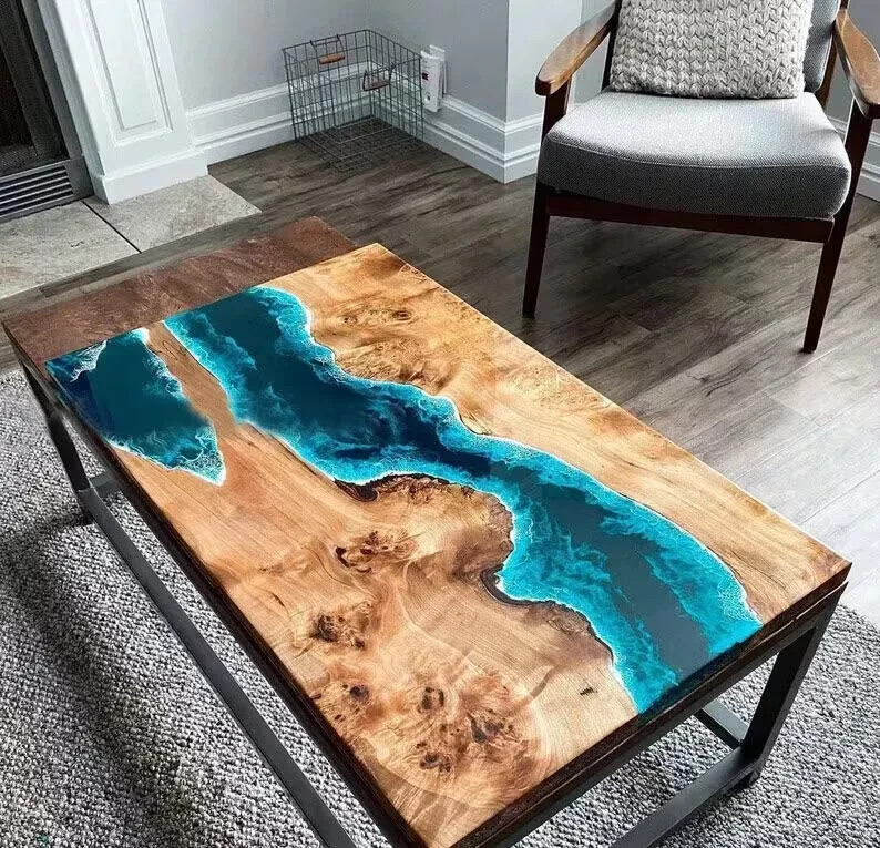 Acacia Wood Epoxy Countertop Table Resin Waves Handmade Furniture Hallway Decor-image