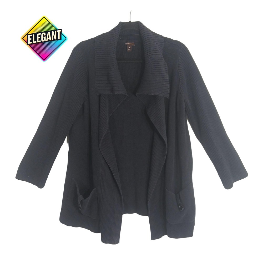 Dana Buchman Black Cotton Knit Open Front Cardigan Sweater Size S  