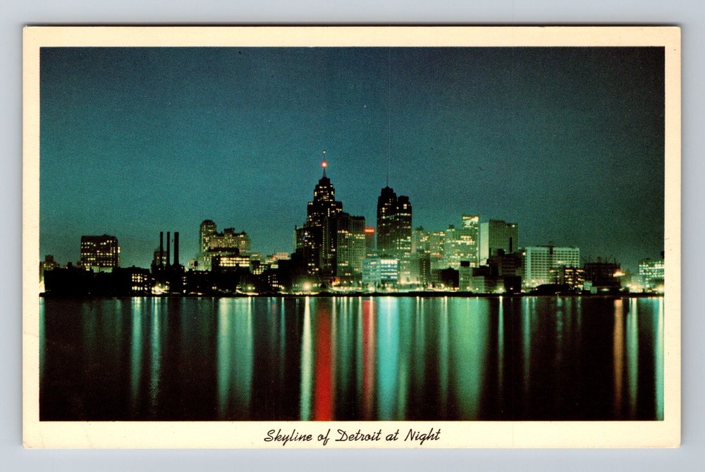 Detroit MI-Michigan Skyline Of City At Night Vintage Postcard
