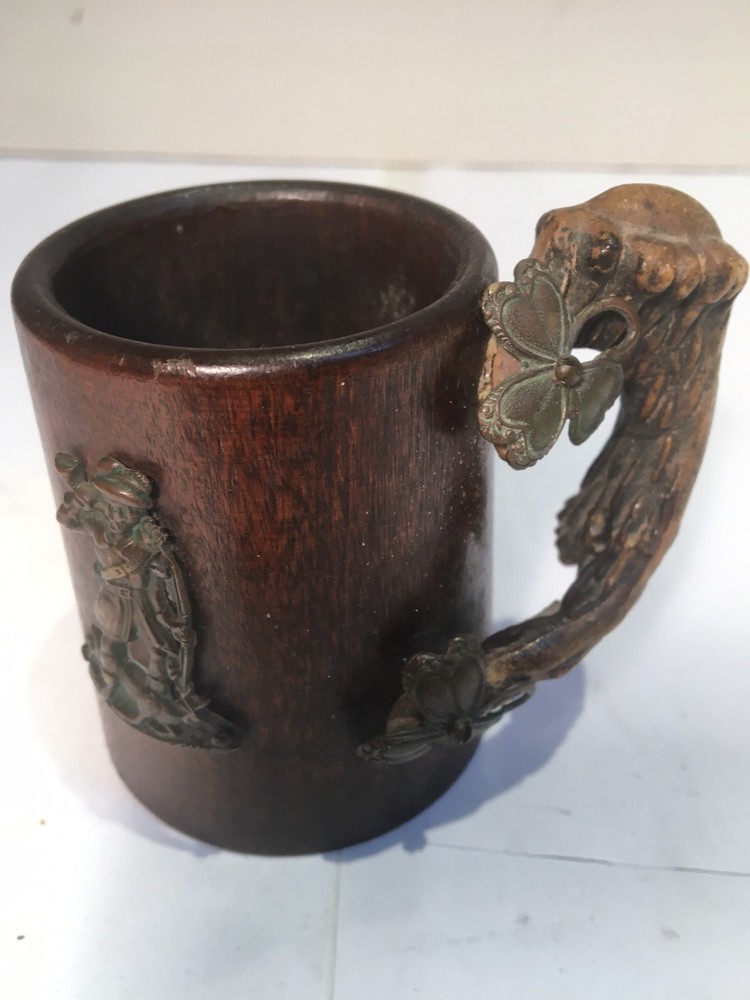 Antique Black Forest Wood Carved Mug-Cup Antler Handle Brass Decorations