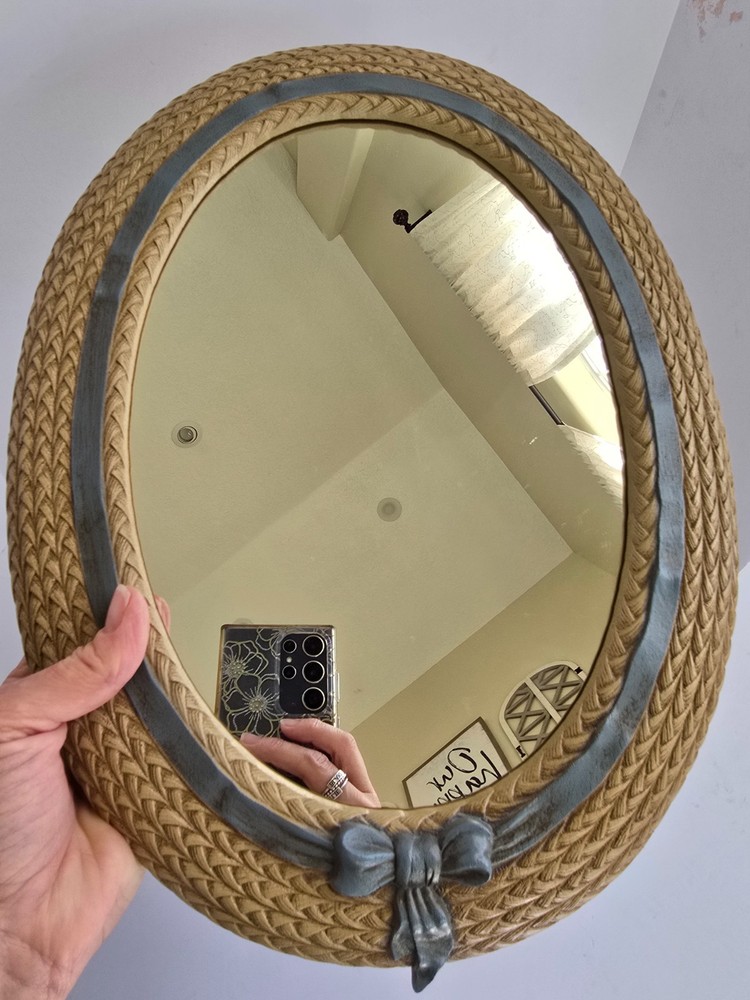 Vintage Burwood Home Interior Faux Wicker Wall Mirror Blue Ribbon Made in USA